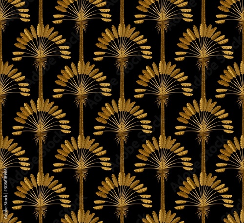 Dekoracja na wymiar  zloto-czarna-tapeta-w-kwiatowy-wzor-w-stylu-art-deco-zamowiony-ornament-vintage-z-palmami