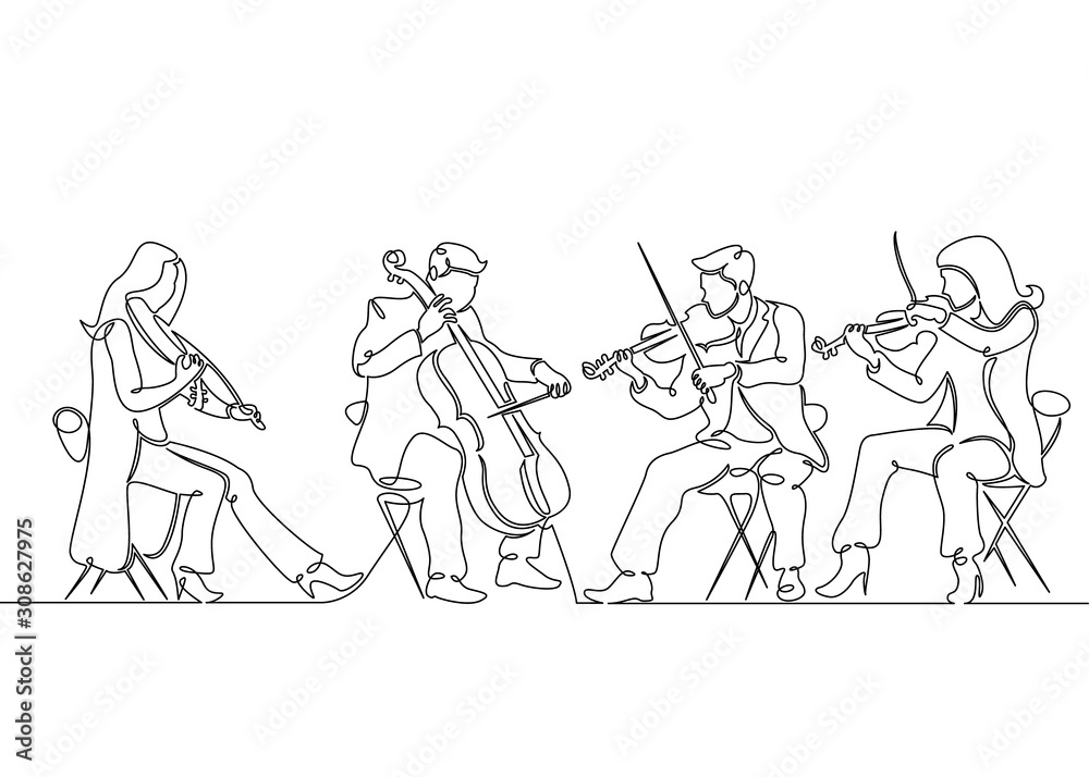 Continuous one single line drawn musical quartet violin musicians - obrazy, fototapety, plakaty 