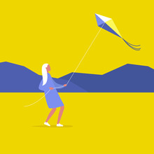 Young Female Character Flying A Kite Outdoor, Leisure Pursuit