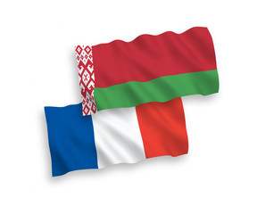 National vector fabric wave flags of France and Belarus isolated on white background. 1 to 2 proportion.