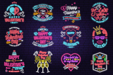 Wall Mural - Set of Happy Valentines Day neon greetings card, flyers. All you need is love. Stamp, badge with heart, dove, key and hot air balloon. Vector. Valentines Day neon bright signboard, light banner