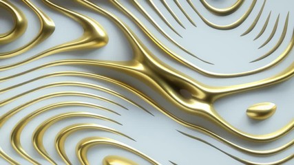 Poster - Wavy dynamic surface. Abstract background with golden curl noise ripples. Motion design template. 3d loop animation. Composition with topography relief. 4K UHD