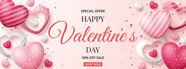 Valentine's day sale banner template with 3D hearts. Vector illustration