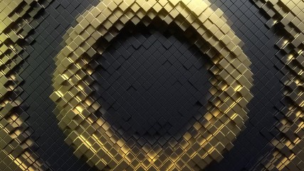Poster - Abstract background with black and golden moving cubic surface. Geometric concept with radial ripples. Motion design pattern. 3d loop animation with box particles. Seamless technology composition. 4K 