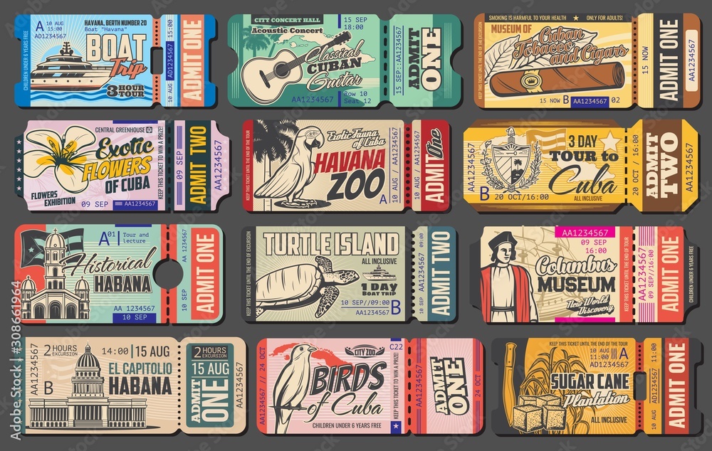 Retro ticket vector templates of Cuba travel design. Cuban tobacco and cigar museum entrance coupon, Havana zoo and guitar concert pass cards, turtle island boat trip invitation design - obrazy, fototapety, plakaty 