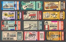 Retro Ticket Vector Templates Of Cuba Travel Design. Cuban Tobacco And Cigar Museum Entrance Coupon, Havana Zoo And Guitar Concert Pass Cards, Turtle Island Boat Trip Invitation Design