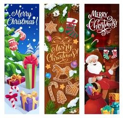 Wall Mural - Christmas tree with Santa gifts vector banners. Xmas and New Year winter holiday presents, red bag and ribbons, snow, stars and balls, candies, gingerbread and snowflake, fireplace, socks and lights