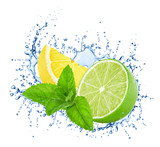 Fototapeta Dinusie - Cutted lime and lemon with mint in water splashes isolated on white background.