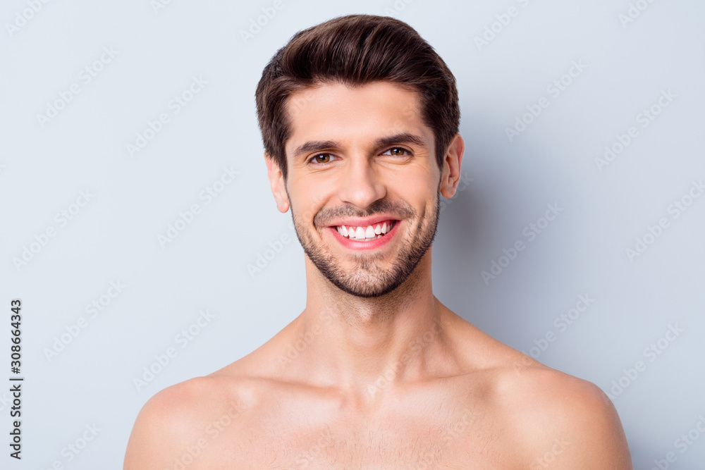 Close-up portrait of his he nice attractive bearded cheerful cheery glad brown-haired guy perfect smooth soft silky flawless skin beaming smile isolated on light white grey color pastel background - obrazy, fototapety, plakaty 