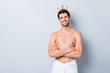 © deagreez - Portrait of cool handsome imposing guy after morning spa cosmetology procedure wear white towel perfect athlete cross hands isolated over grey color background