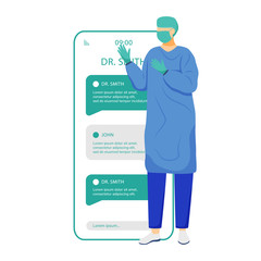 Poster - Online chat with surgeon smartphone app screen. Remote doctor consultation. Ask medical specialist. Mobile phone displays with cartoon characters mockup. Telemedicine application telephone interface