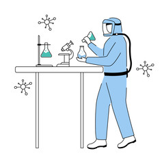 Fototapete - Scientist in protective suit flat contour vector illustration. Conducting dangerous experiment simple drawing. Man works with chemicals isolated cartoon outline character on white background