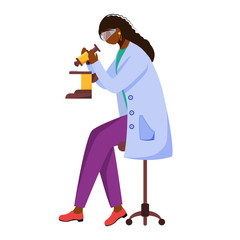 Fototapete - Scientist in lab coat with protection glasses flat vector illustration. Studying medicine, chemistry. Conducting experiment. Woman with microscope isolated cartoon character on white background