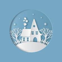 Cartoon House With Snowy Roof, Chimney And Smoke. Merry Christmas Or Happy New Year Card. Winter Landscape. Paper Art Digital Craft Style. Vector Illustration