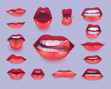 Woman Mouth Set. Red Sexy Lips Expressing Different Emotions As Happy Smiling, Seduction, Show Tongue, Kiss, Surprising, Disgust. Design Elements, Icons, Stickers. Cartoon Vector Illustration Clip Art