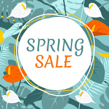 Summer, Spring Season Sale Vector Banner With Copy Space On Background With Tropical Flowers. Square Card Templates For Greeting, Cover, Advertisement. Flamingo Flower, Laceleaf, Palm.