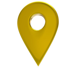 Fototapete - Yellow map pointer 3d pin. Location symbol isolated on white background. Web location point, pointer. 3D rendering.