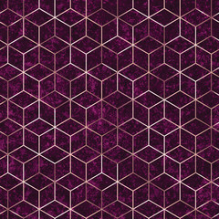 Wall Mural - Seamless geometric rose gold polygons pattern. Metallic golden hexagon abstract purple textured background