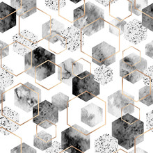 Seamless Abstract Geometric Pattern With Gold Foil Outline And Gray Watercolor Hexagons