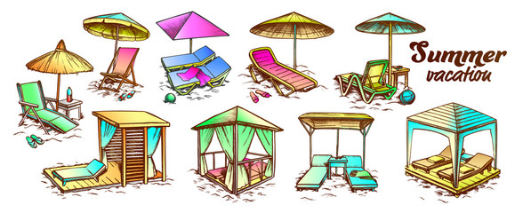 Sticker - Summer Vacation Beach Furniture Set Retro Vector. Collection Of Different Comfortable Beach Chairs. Lounge And Resort Place Engraving Template Hand Drawn In Vintage Style Color Illustrations