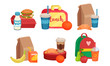 School Lunch Boxes Collection, Snacks Bags with Healthy Food for Kids Vector Illustration