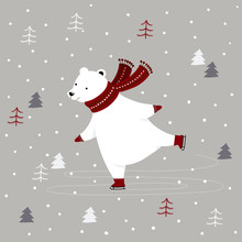 Merry Christmas Card With Polar Bear Ice Skating Outdoor In Winter Forest.
