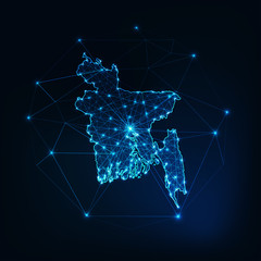 Wall Mural - Bangladesh map glowing silhouette outline made of stars lines dots triangles, low polygonal shapes.
