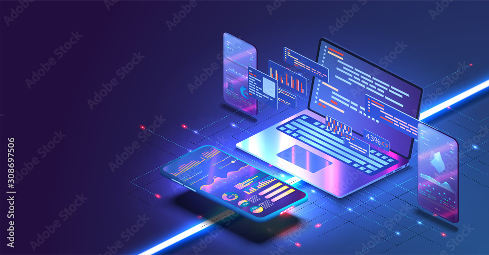Application of Smartphone with business graph and analytics data on isometric mobile phone. Analysis trends and software development coding process concept. Programming, testing cross platform code - obrazy, fototapety, plakaty 