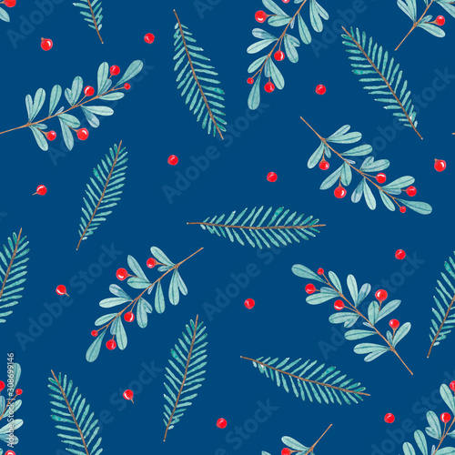 watercolor-seamless-pattern-with-leaves-berries-and-branches-isolated-on-classic-blue-background-pantone-2020