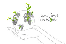 Hands Holding Earth Draw With Green Plant Growing, Environment Earth Day "Let's Save The World" Concept.