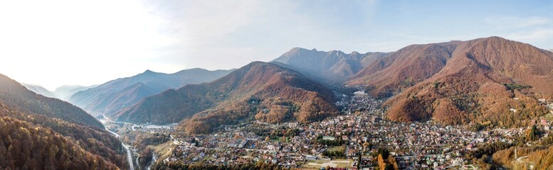  Aerial view of Krasnaya Polyana, mountains in autumn. Russia.