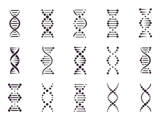 DNA model elements. Chemistry spiral chromosome structure concept, gene microbiology, molecule helix structure, medical science DNA elements isolated vector icons set. Deoxyribonucleic acid. Genetics