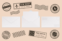 Envelope Template With Stamp Label. Mail Letter And Post Stamps, Open Mail Envelope With Blank Paper Letter Sheet, Mail Office Business Mockups Vector Illustration Set. Ink Postmarks. Permit Imprints