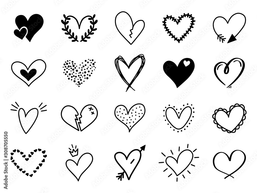 Doodle love heart. Loving cute hand drawn sketched hearts, doodle valentine heart shape drawing elements for greeting cards and valentines day design vector isolated icons set. Sketchy amour pack - obrazy, fototapety, plakaty 