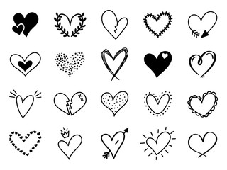 Doodle love heart. Loving cute hand drawn sketched hearts, doodle valentine heart shape drawing elements for greeting cards and valentines day design vector isolated icons set. Sketchy amour pack