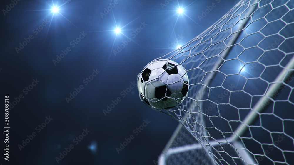 Soccer Ball Flew Into The Goal Soccer Ball Bends The Net Against The Background Of Flashes Of Light Soccer Ball In Goal Net On Blue Background A Moment Of Delight 3d Illustration
