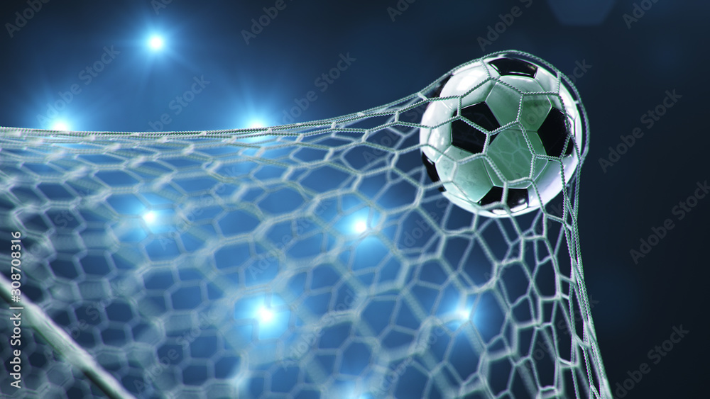 Soccer Ball Flew Into The Goal Soccer Ball Bends The Net Against The Background Of Flashes Soccer Ball Flew Into The Goal Soccer Ball Bends The Net Against The Background Of Flashes