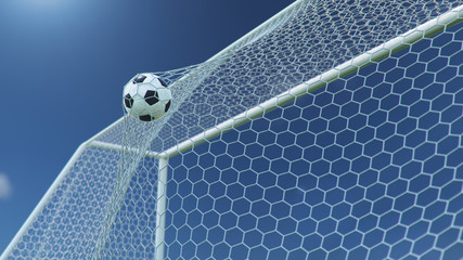 3D illustration Soccer ball flew into the goal. Soccer ball bends the net, against the background of blue sky. Soccer ball in goal net on beautiful sky background. Moment of delight