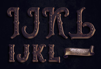 Sticker - 3d render of vintage textured font set with bronze metallic elements.