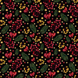 Watercolor seamless pattern with Christmas trees branches and berries on a black background with gifts,stars,christmas toys.Christmas background for wrapping paper,greeting cards