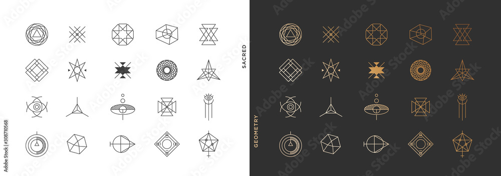 Set of abstract sacred geometry symbol vector elements template, clean minimal geometric logo collection - obrazy, fototapety, plakaty 