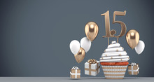 Number 15 Gold Birthday Cupcake With Balloons And Gifts. 3D Render