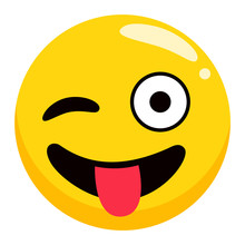 Photozone Accessory, Winking Smiley, Emoji With Tongue, Round Character With Positive Emotion. Happy Yellow Icon, Cheerful Object For Photoshoot. Funny Expression Symbol, Smiley Avatar Vector