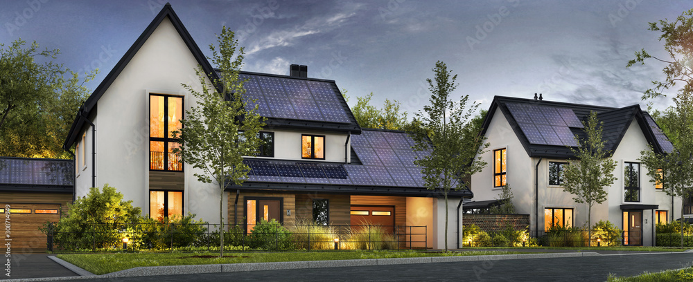 Beautiful houses with solar panels on the roof - obrazy, fototapety, plakaty 