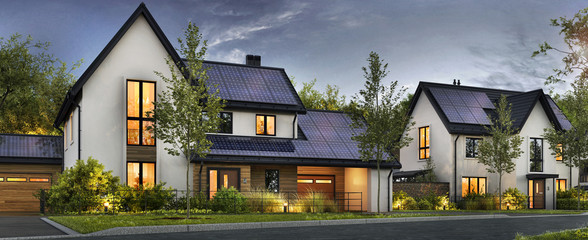 beautiful houses with solar panels on the roof