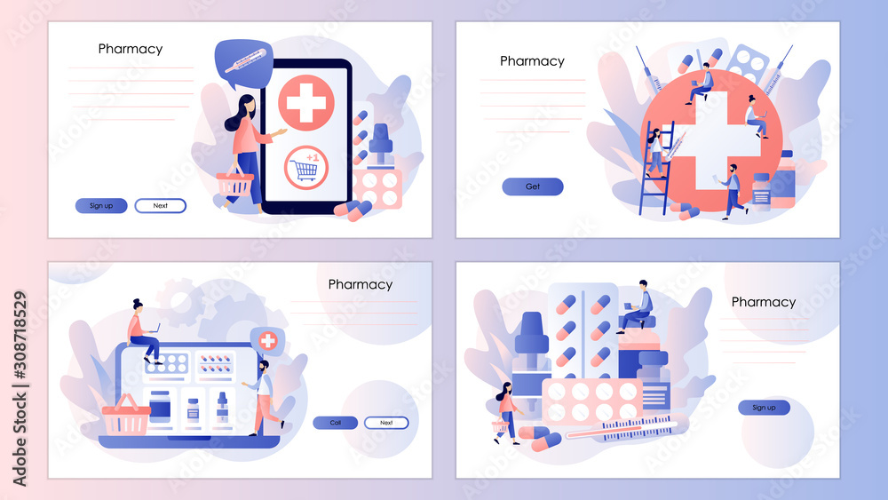 Online pharmacy store concept. Tiny people Pharmacists. Screen template for mobile smart phone, landing page, template, ui, web, mobile app, poster, banner, flyer. Modern flat cartoon style. Vector  - obrazy, fototapety, plakaty 