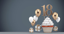 Number 18 Gold Birthday Cupcake With Balloons And Gifts. 3D Render