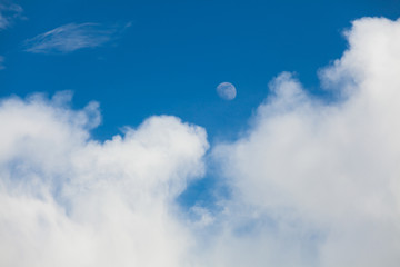 Wall Mural - Background of white cumulus clouds with moon on a blue sky at daylight. Telephoto zoom shoot
