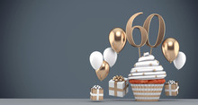 Number 60 Gold Birthday Cupcake With Balloons And Gifts. 3D Render