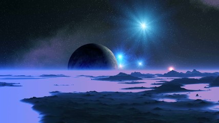 Wall Mural - Dawn on the Blue Planet. In the dark sky nebulae, bright stars and a large moon. Over the hazy horizon bright sun slowly rises.  In the lowlands of thick purple fog. 